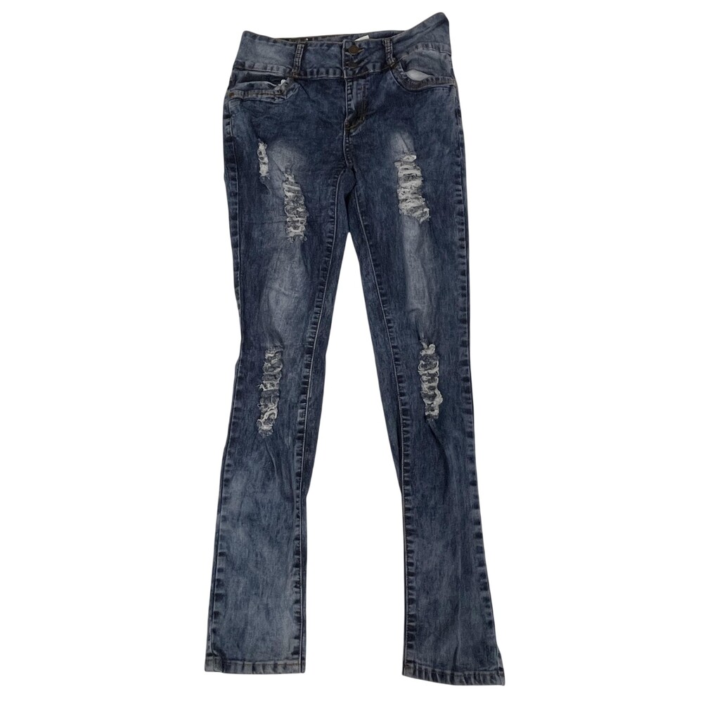 Diamante Jeans Juniors 13 (28x30) Blue Distressed Straight Stretch Zipper Pocket